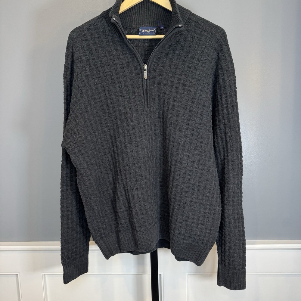 Bobby Jones Players Men's Quarter Zip Sweater M Charcoal Gray Waffle Knit‎